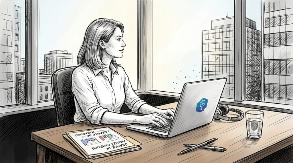 O specialistă în marketing își desfășoară activitatea pe laptop, într-un birou plin de lumină.