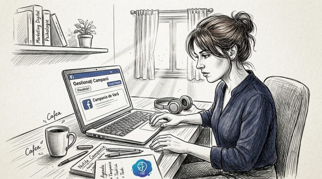 O femeie lucrează la laptop, ocupându-se de o campanie pe Facebook.