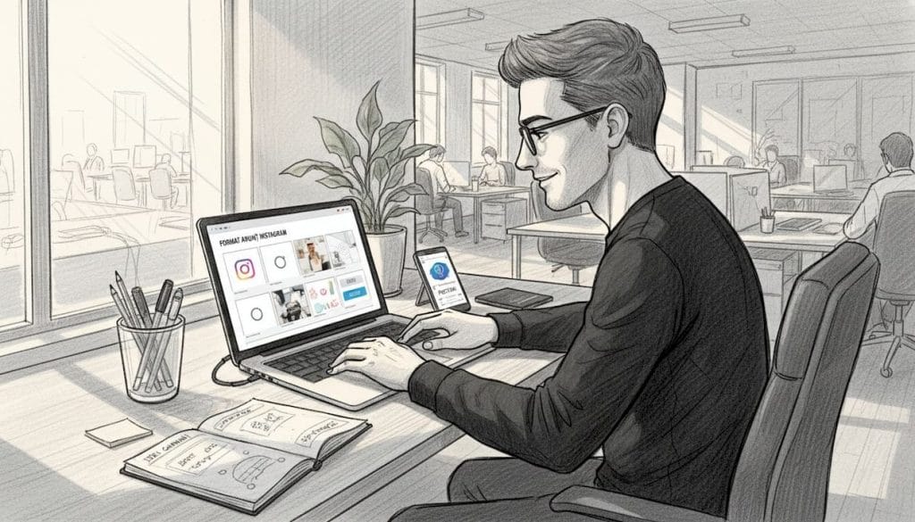 Un antreprenor lucrează pe laptop, pregătind campania de promovare pe Instagram.