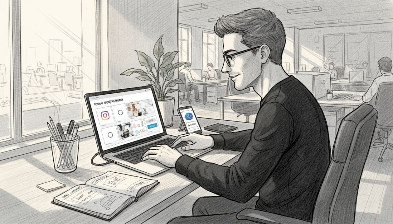 Un antreprenor lucrează pe laptop, pregătind campania de promovare pe Instagram.