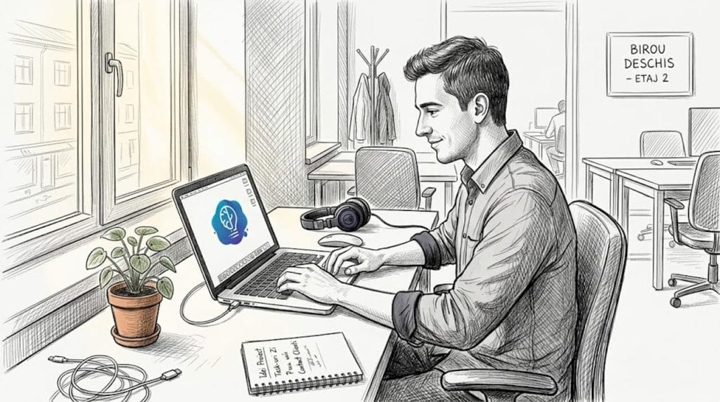 Antreprenor care își construiește afacerea de la un laptop, într-un birou mic și cochet