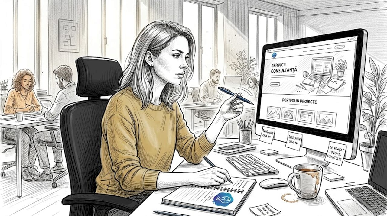 Un web designer analizează site-ul unei afaceri la birou, pentru a verifica dacă totul funcționează corect și arată bine.