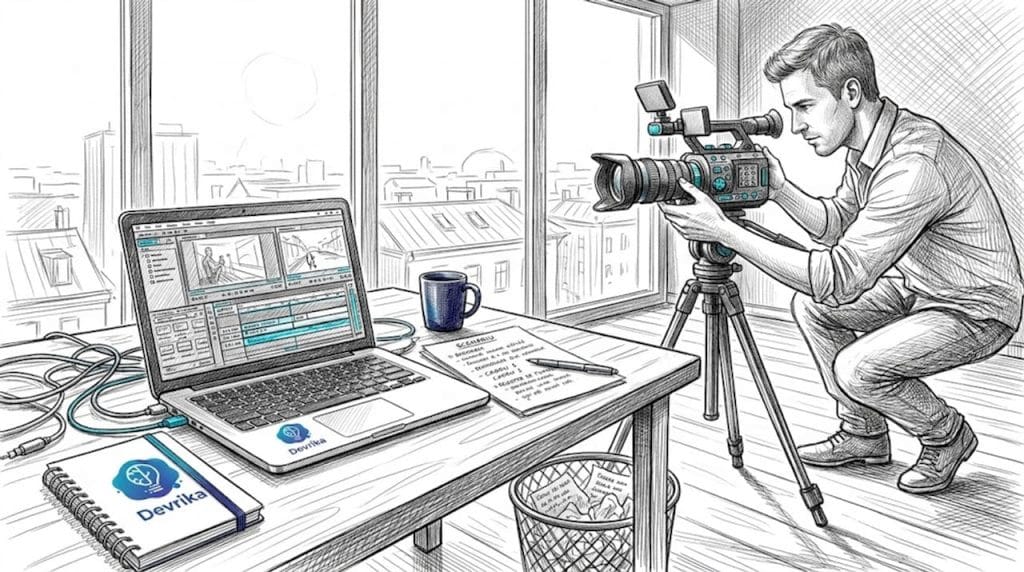 Videograful își pune la punct echipamentul video înainte de a pleca din birou.