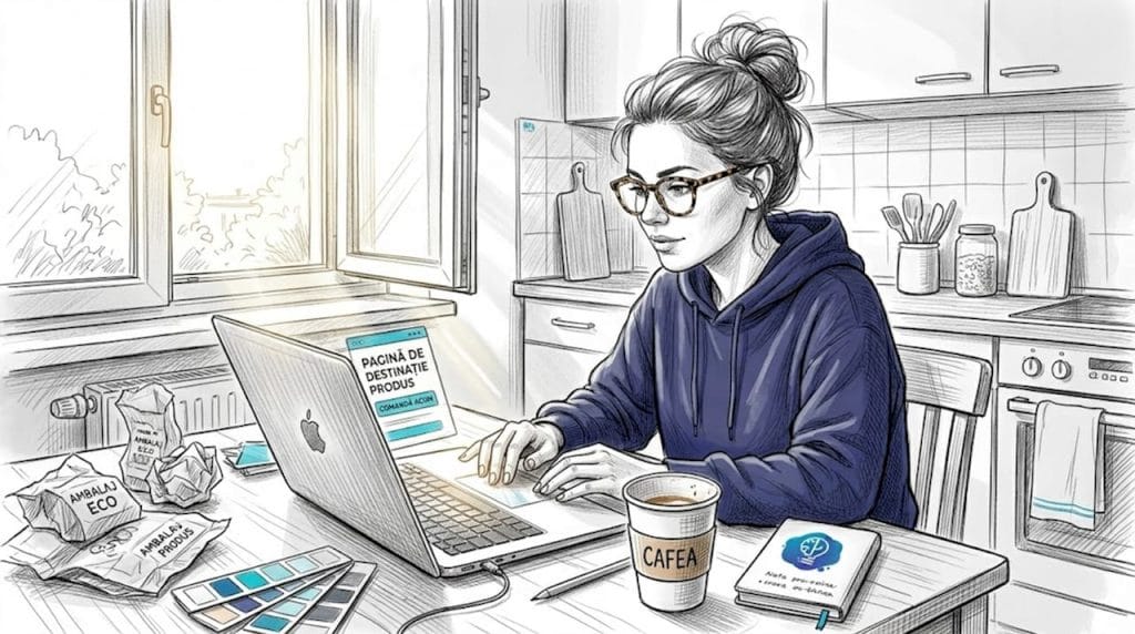 Un designer lucrează la identitatea vizuală a unui magazin online, direct de la masa din bucătărie.
